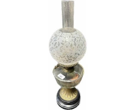 Victorian porcelain and glass oil lamp with etched glass shade. 
