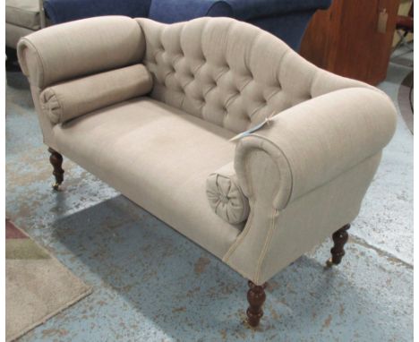 BEDROOM SOFA, two seater, button back in neutral fabric, on turned support, 138cm L.