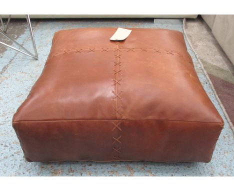 POUFFE, in tanned leather with leather stitch work and handle, 68cm x 68cm x 28cm H. 