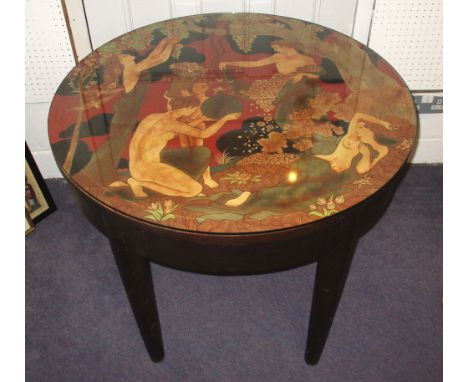 OCCASIONAL TABLE, Art Deco painted, the circular top depicting Venus, Flora, and the Three Graces, with glass top cover, 80cm