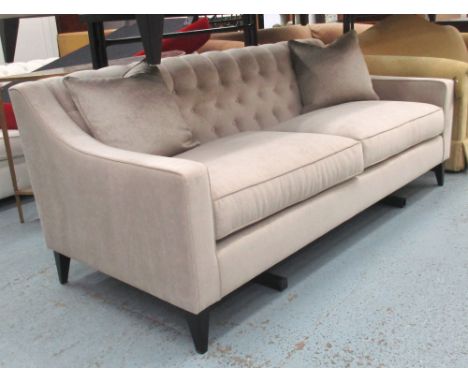 SOFA, two seater button back in beige on square supports with two cushions, 190cm L x 77cm H x 68cm D. 