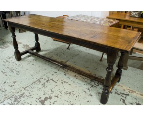 REFECTORY TABLE, antique oak and fruitwood with twin plank cleated top on turned stretchered and channelled supports, 207cm W