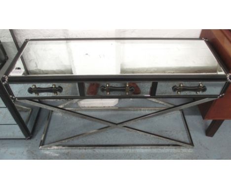 MIRRORED CAMPAIGN STYLE CONSOLE TABLE, with three drawers below, on chromed metal 'x' framed support, 120cm W x 41cm D x 74cm