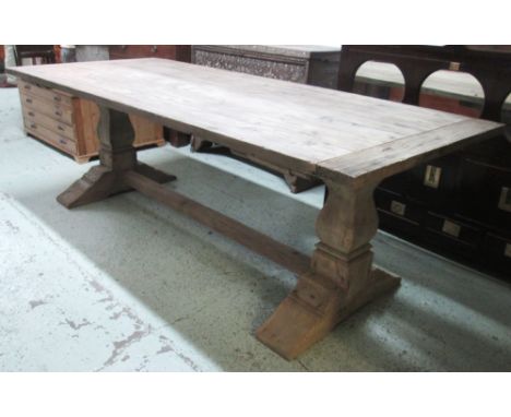 REFECTORY TABLE, Rustic style with a rectangular top on trestle end supports joined by a stretcher, 245.5cm L x 79cm H x 101.