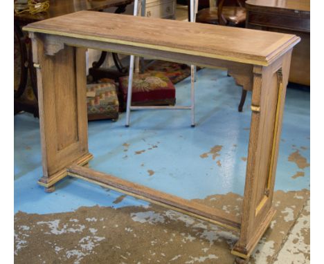 CONSOLE TABLE, early 20th century Pugin style gothic limed oak and parcel gilt with panelled end supports, 82cm H x 110cm W x