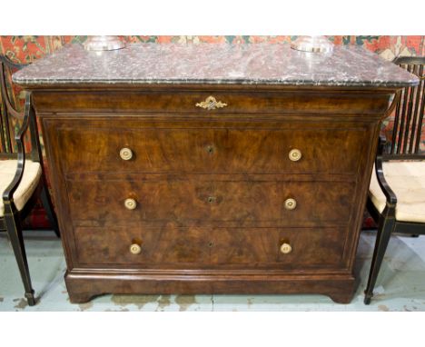 COMMODE, 19th century French Louis Philippe figured walnut with four long drawers and variegated grey St Anne's marble top, 1