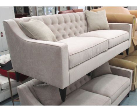 SOFA, two seater button back in beige on square supports with two cushions, 190cm L x 77cm H x 68cm D. 