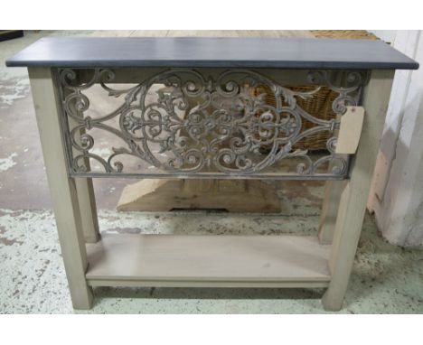 CONSOLE TABLE, Italian style grey painted with scroll work inset iron panel and marble top, 106cm W x 28cm D x 91cm H.