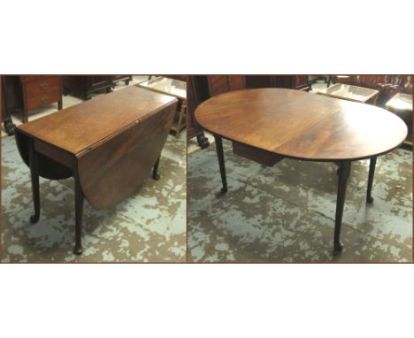 DROPLEAF TABLE, George III mahogany, the hinged rounded top with gateleg action on pad feet, 152.5cm W open x 71.5cm H x 113.