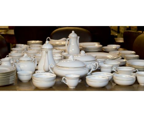 DINNER SERVICE, Royal Worcester bone china 'Contessa' pattern, white with double gilt banding ten plate setting with serving 