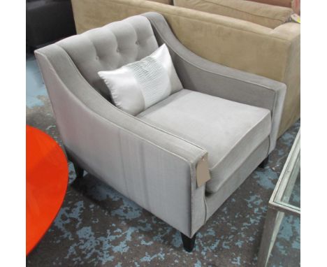 ARMCHAIR, in grey fabric button back on square supports with cushion, 79cm W. 