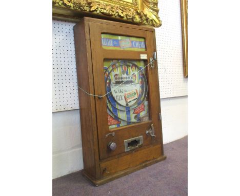 1950'S GRAPHIC WIN A CHEW FAIRGROUND SLOT MACHINE, 46cm x 16cm x 81cm.(works with 1d pieces)