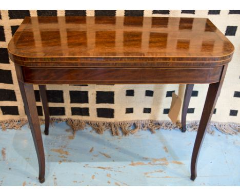 TEA TABLE, George III mahogany and rosewood cross banded with foldover top and swept supports, 92cm W x 46cm D x 74cm H. 