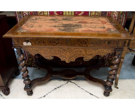 WRITING TABLE, William and Mary walnut, fruitwood and ebonised with a frieze drawer, shaped apron with seaweed marquetry inla