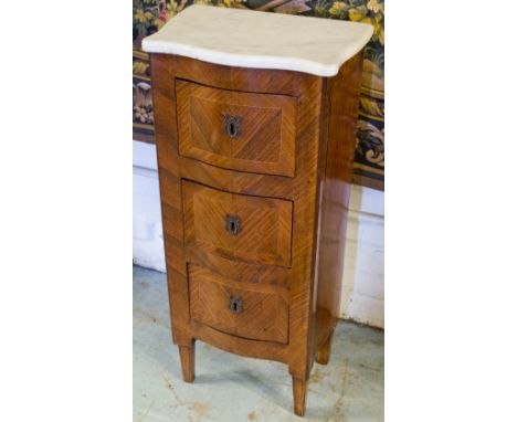 PETITE COMMODE, 19th century French, sabicu and line inlaid, of narrow serpentine form with white marble top, above three dra