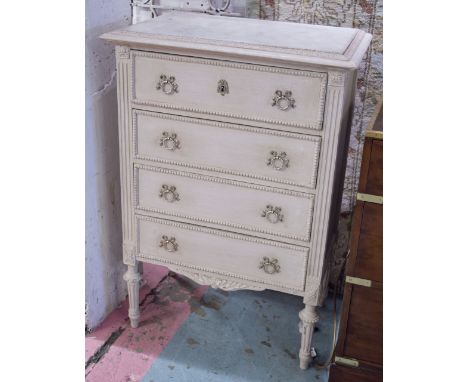 COMMODE, early 20th century French Louis XVI style traditionally grey painted with four long drawers and inset veined white m