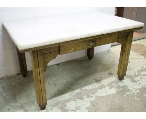 DISPLAY TABLE, early 20th century French oak with thick white marble top and channelled supports with drawer, 140cm x 90cm x 