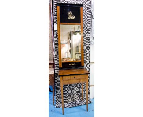 CONSOLE TABLE & MIRROR, early 19th century Biedermeier, cherrywood ebonised and gilt metal mounted, with two drawers, console