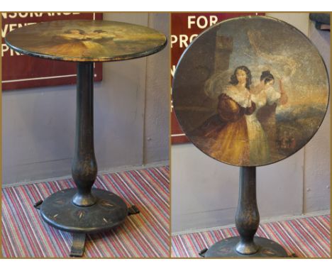 PEDESTAL TABLE, Regency painted with circular tilt top depicting two ladies, 74cm H x 55cm D. (with faults)