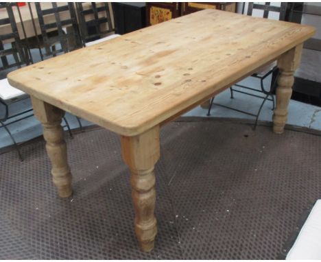 DINING /KITCHEN TABLE, in pine on turned supports, 182cm x 91cm x 80cm H. 