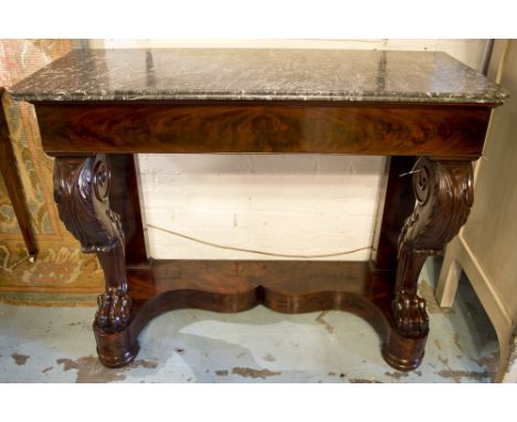 CONSOLE TABLE, 19th century French Louis Philippe flame mahogany with shaped frieze drawer carved paw supports shaped underti