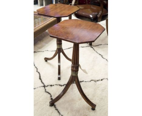 LAMP TABLES, a pair, Regency style mahogany each with canted corner top on brass collar and tripod support, 72cm H x 40cm W x