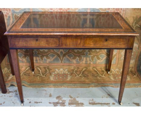 WRITING TABLE, late 19th century English walnut Thuya wood and line inlay with two frieze drawers and tooled leather top, 75c