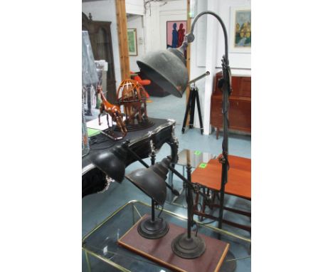 INDUSTRIAL LAMPS, a set of three, comprising of two table and one floor lamp, in black distressed effect metal finish with in