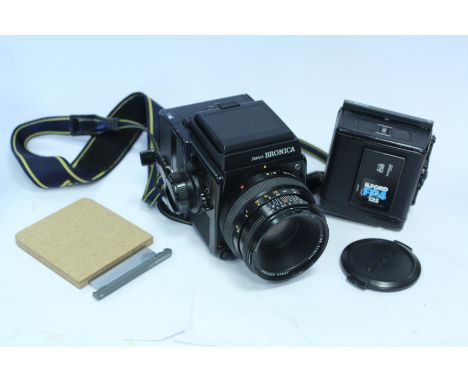 Bronica SQ-Ai camera, with w/l finder, f/2.8 80mm Zenzanon lens and 2 film backs