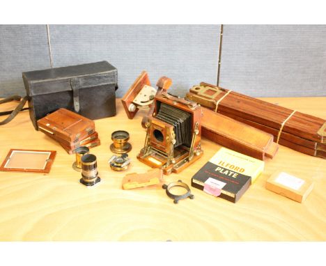 A J. Lancaster Royal Instanograph Patent Quarter Plate Field Camera, with 4 brass lenses and various accessories including, D