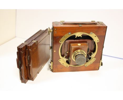 Lizars field camera: mahogany Lizars whole plate field camera with shutter unmarked lens and dark slides (a lot)