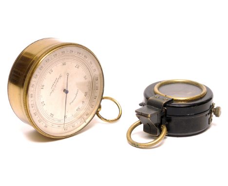 A Brass Pocket Barometer, by Yeates & Sons, Dublin, together with a military line of sight compass, both in maker's cases