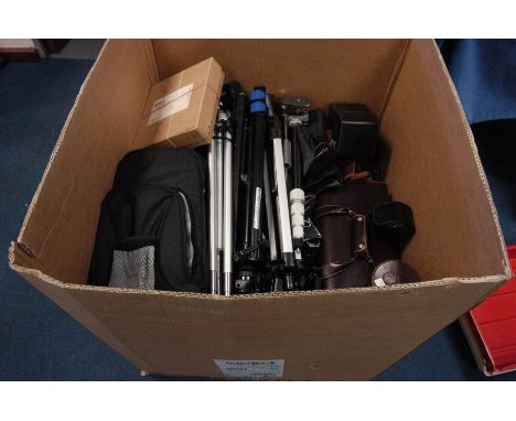 Various Cases & Accessories: quantity of various camera cases and bags, including a selection of tripods and other items (Hug