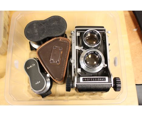 Mamiya C33 with lenses: camera with f/2.8 80mm, f/3.5 105mm and f/4.5 180mm lenses and Porroflex finder (a lot)