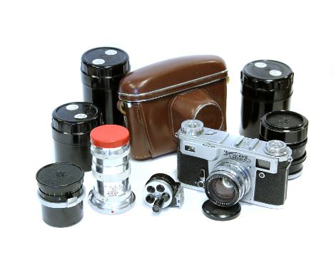 A Kiev camera and lenses: non metered body with 35/50/85/135 lenses (a lot)