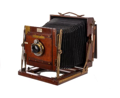 A Sanderson Mahogany Field Camera, 8.5"x6.5", with Emil Busch Rapid Aplanat No.3 f/8 10" brass lens, serial no. 4456, body, G