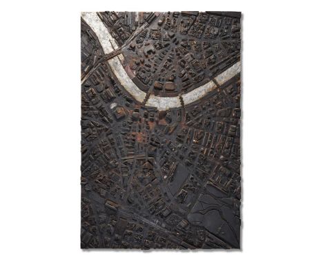 MATTHEW DAY JACKSON (AMERICAN B. 1974) DRESDEN  Burned wood and lead on panel Signed and dated 2010 (verso) 249 x 165cm (98 x