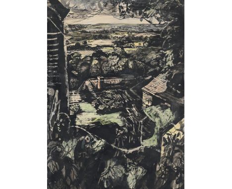 λ&nbsp;JOHN MINTON (BRITISH 1917-1957) VIEW ACROSS THE VALLEY Ink, watercolour and wax crayon 38 x 28cm (14¾ x 11 in.)