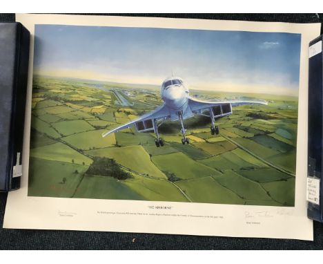 Concorde A colour 23 x 16. 5 print entitled 002 Airborne by artist Roy Layzell, the image depicting the British prototype, Co