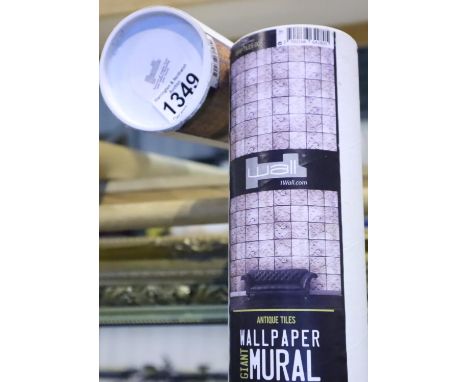 Two wallpaper murals, one in an antique tile pattern and a further example in a log pattern, boxed, measuring 3.15 x 2.32m. N