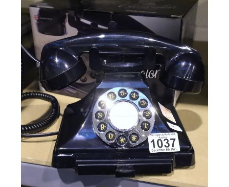 Black, GPO Carrington, push button telephone in 1920s styling with pull-out pad tray; compatible with modern telephone bankin