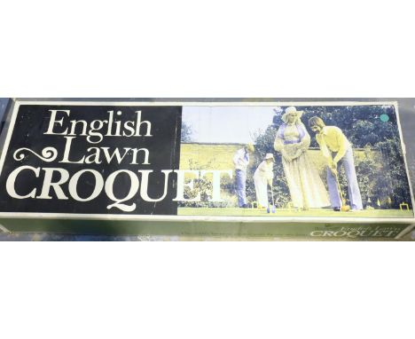 Vintage boxed English lawn croquet set. Not available for in-house P&amp;P, contact Paul O'Hea at Mailboxes on 01925 659133 