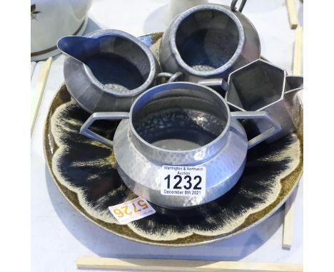 Four pewter items and a Poole Pottery dish. Not available for in-house P&amp;P, contact Paul O'Hea at Mailboxes on 01925 6591