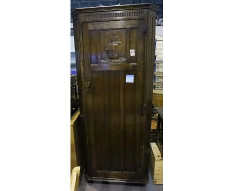 Vintage oak single door wardrobe with carved sailing ship design panel, 80 x 180 x 50 cm. Not available for in-house P&amp;P,