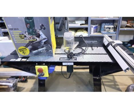 Router table fitted with Bosch 500A router and accessories. Not available for in-house P&P, contact Paul O'Hea at Mailboxes o