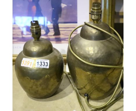 Two hammered brass table lamps, lacking shades. Not available for in-house P&P, contact Paul O'Hea at Mailboxes on 01925 6591