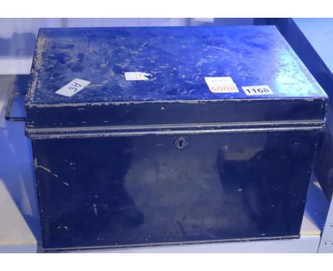 Vintage lidded metal twin handled deeds box with lock. No key present. Not available for in-house P&amp;P, contact Paul O'Hea