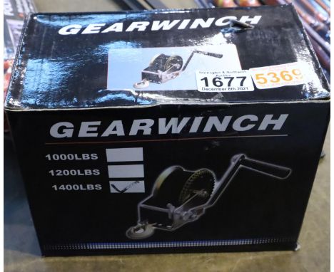 Boxed new old stock 1400lbs manual hand gear winch. P&amp;P Group 1 (£14+VAT for the first lot and £1+VAT for subsequent lots