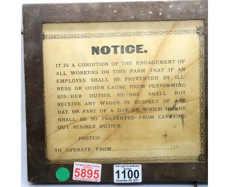 Vintage notice sign printed on paper in wooden frame. Not available for in-house P&amp;P, contact Paul O'Hea at Mailboxes on 