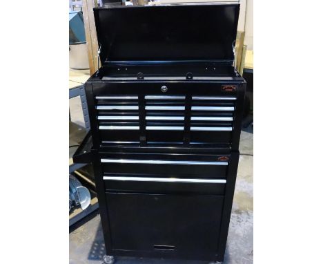 Six drawer lockable tool chest on two drawer mobile tool station with cupboard tray and hangers.( Keys in office 5468 ). Not 